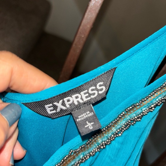 Express Goddess Dress Short Spaghetti Straps L Aura Blue W/Sequin Flowy Lined - Picture 3 of 8